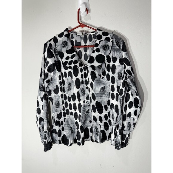 VTG Y2K/90s XL Micropleat Polka Dot Floral Peter Pan Blouse Bell Sleeves Peplum - Picture 1 of 10